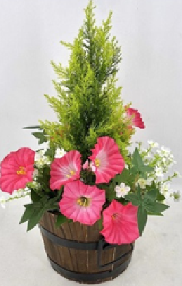 ARTIFICAL FUR & PETUNIA IN BARREL PLANTER