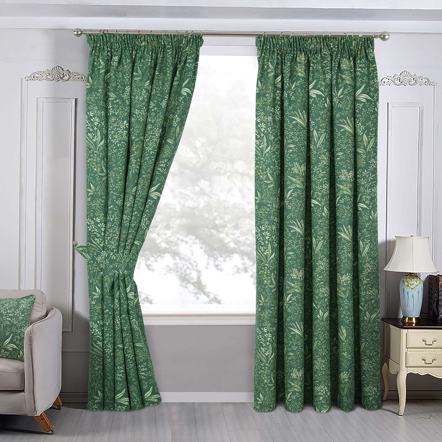 Darcy Printed 3in Pencil Pleat Curtains Green